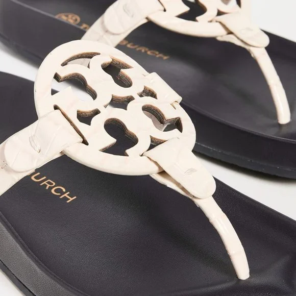 Tory Burch CROC EMBOSSED Miller Cloud Leather Thong Slides New Ivory Cream Navy - Picture 1 of 7